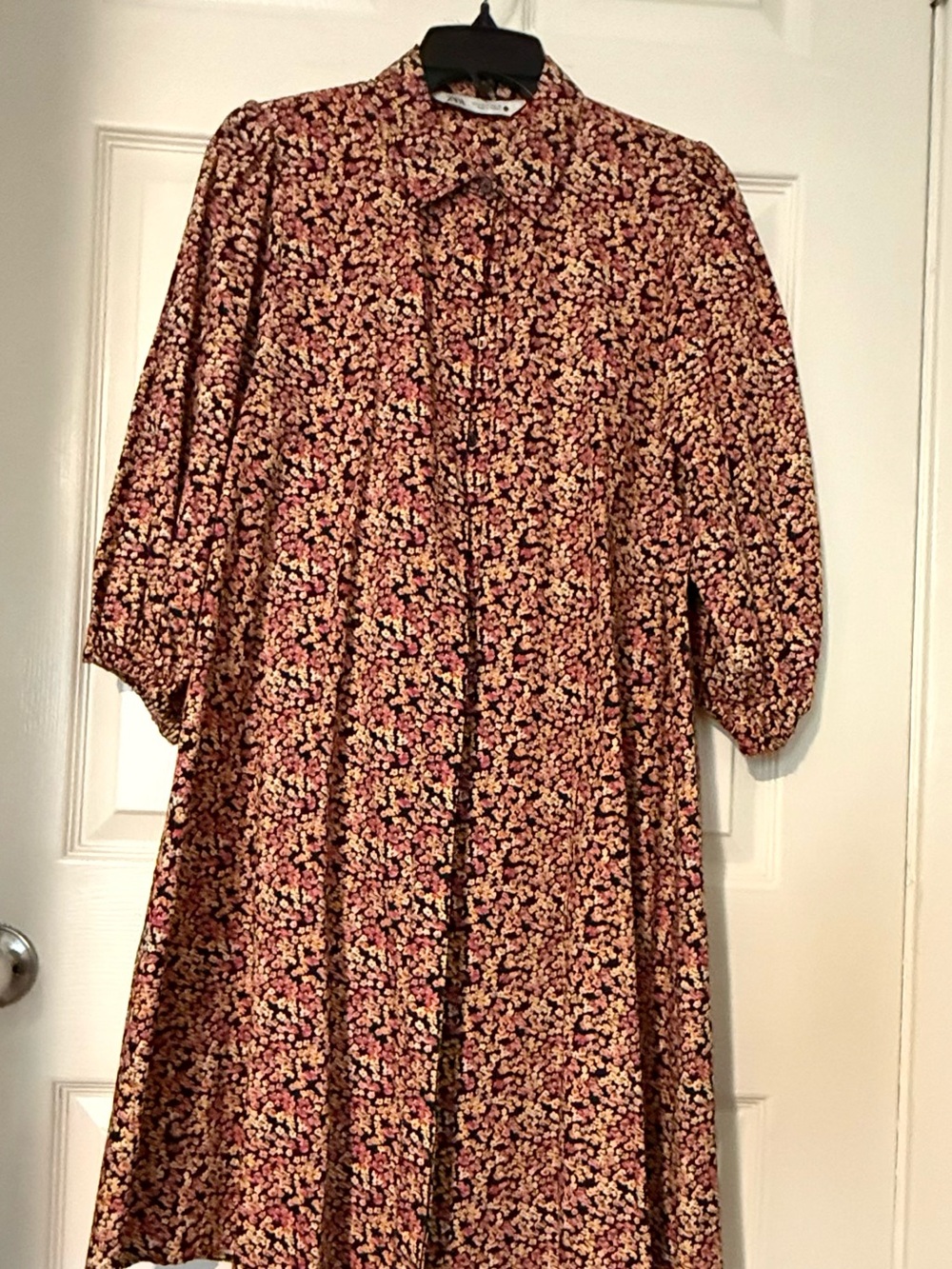 ZARA Floral Button-Front Midi Dress in Burgundy and Cream SIZE S